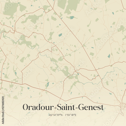 Vintage map of Oradour-Saint-Genest, France.