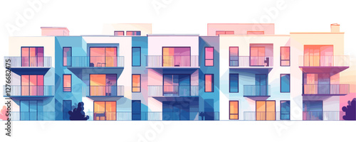 Modern apartment complex at sunset with vibrant colors and balconies. Vector
