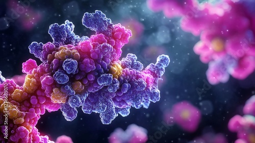 Microscopic view of colorful protein molecules in 3D visualization showing intricate molecular structure with purple and pink hues against dark background with bokeh effect
