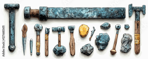 Rusted vintage tools and stones arranged on white background. Vector
