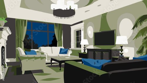 Elegant modern living room with green and white decor, large windows, and cozy furniture