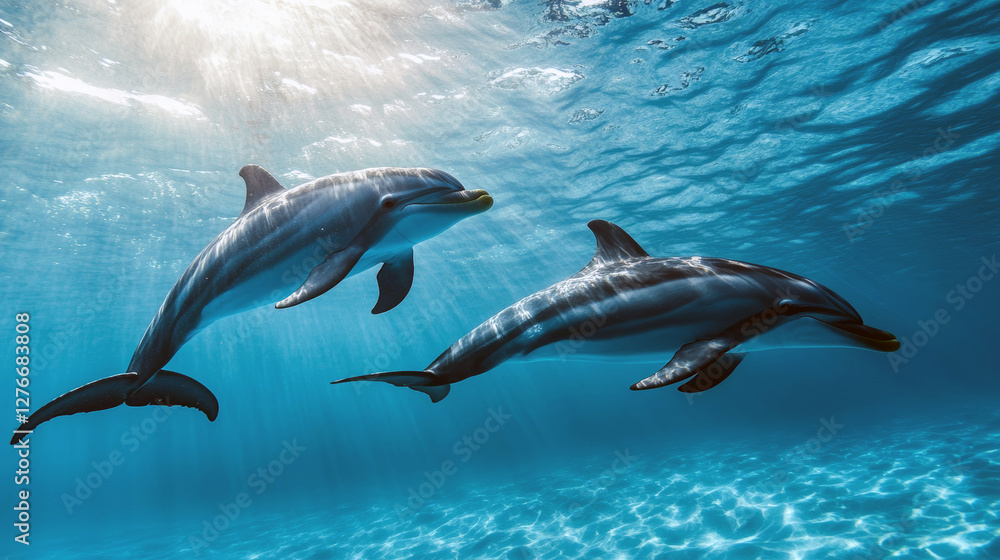 Fototapeta premium Two dolphins swimming gracefully under sunlit ocean waves.
