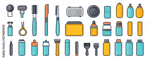 Assorted hair care and styling tools with colorful bottles and brushes. Vector