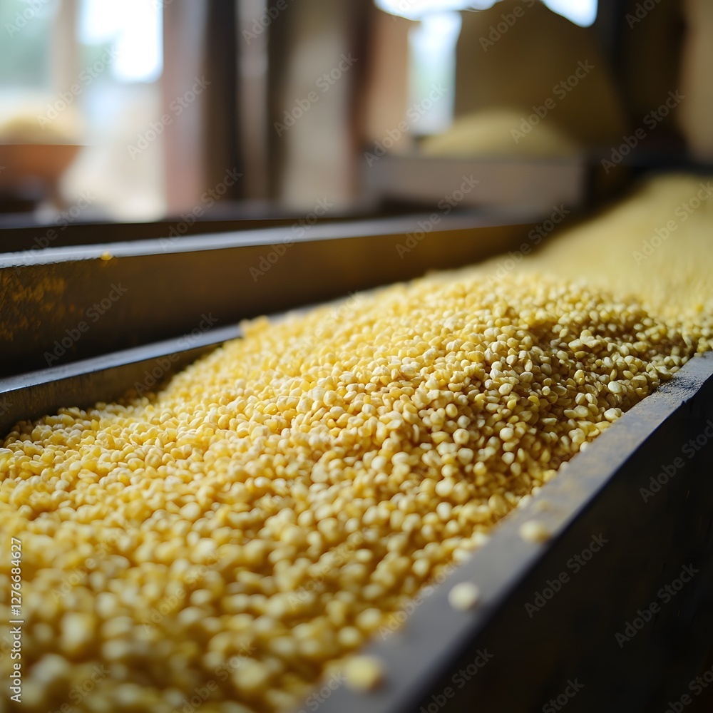 Millet Grains Processed on Factory Conveyor Belt Millet Grains Processed on Factory Conveyor Belt