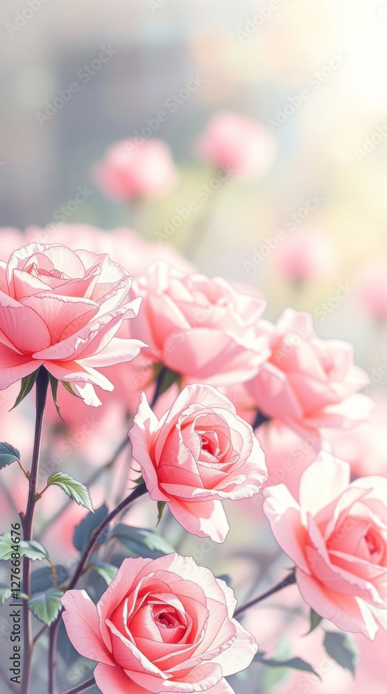 blooming roses in soft pastel tones with a blurred background, postcard with copy space