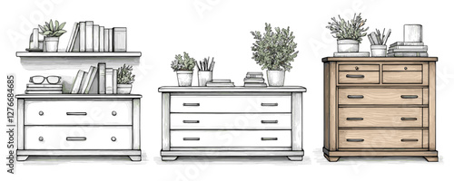 Sketches of dresser designs with plants and books: three views of furniture inspiration. Vector