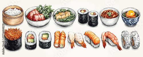 Assorted sushi platter with nigiri, maki, and sashimi arranged on white background. Vector