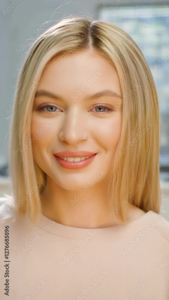 Smiling white woman with long blonde hair in modern indoor setting Smiling white woman with long blonde hair in modern indoor setting