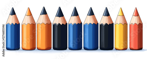 Row of eight colored pencils in yellow, orange, and blue on white background. Vector