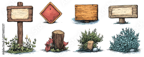 Rustic wooden signs and posts surrounded by grass and foliage on white background. Vector