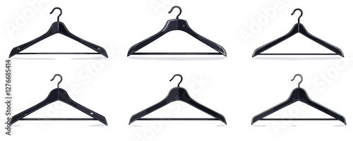 Six black clothing hangers set against white background in various arrangements. Vector