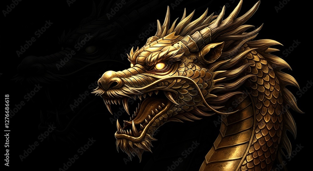 Golden Chinese Dragon Illustration with Glowing Eyes and Black Background Golden Chinese Dragon Illustration with Glowing Eyes and Black Background