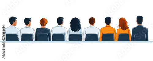 Group of eight diverse adults seated in a row viewed from behind on white background. Vector