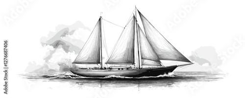 Elegant sailing ship sketch with billowing sails against a cloudy sky on calm waters. Vector