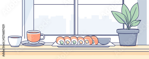 Japanese sushi and tea on wooden table with potted plant by window. Vector