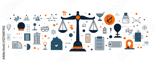 Balance scale with law themed icons on white background for justice and analysis. Vector