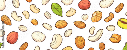 Variety of nuts and seeds patterned against white background with leaf accent. Vector