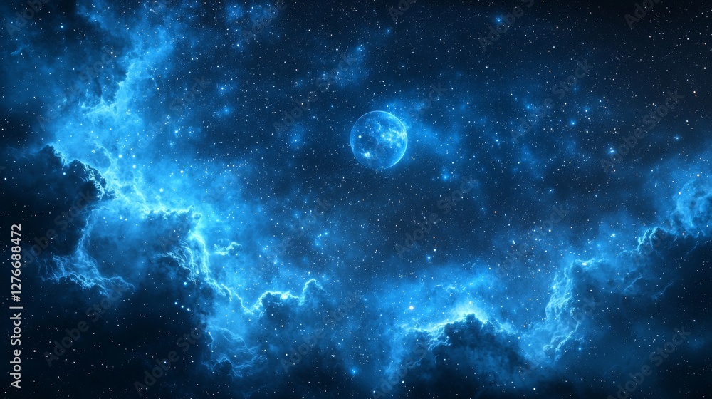 Obraz premium Celestial Nebula Stunning Blue Space Scene with Stars and Planet