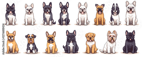 Adorable cartoon dogs collection: variety of breeds sitting with happy expressions. Vector