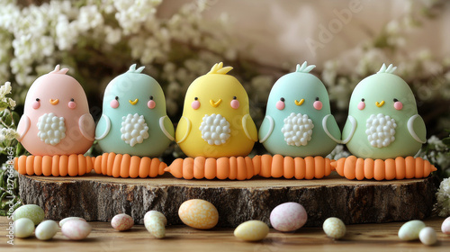 Easter colored cookies shape chickens bunnies covered icing, copy space. Holidays greeting cards photo