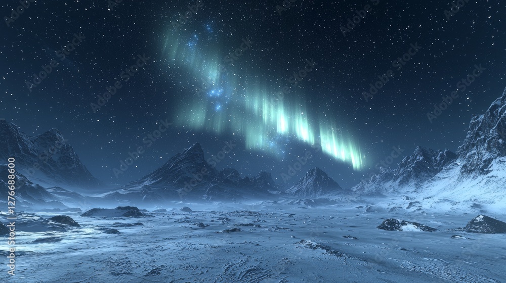 Naklejka premium Stunning Aurora Borealis over a Frozen Mountainous Alien Landscape