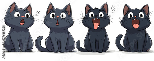 Four surprised black cats with expressions of shock and amazement in a row. Vector