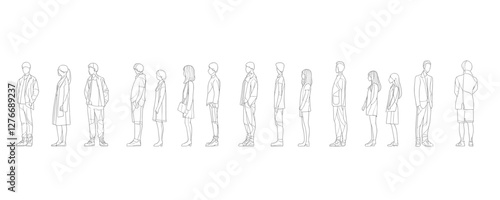 Group of diverse outlined adults standing in various poses. Vector