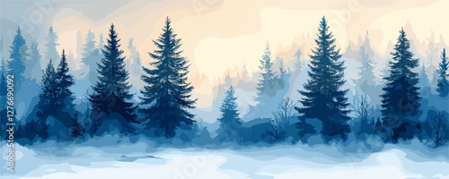 Misty morning forest with tall pine trees in winter landscape. Vector