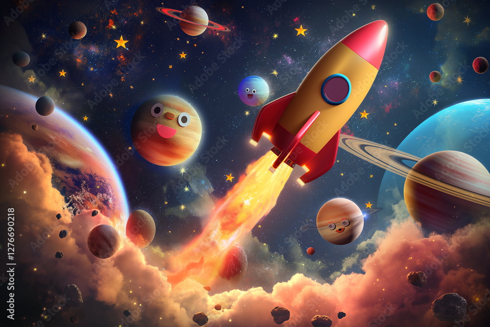 Fototapeta premium A fun, child-centric space scene featuring a playful rocket soaring through a colorful