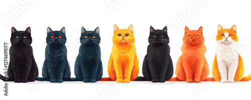 Colorful cats in a row: diverse feline lineup showcasing unique colors and patterns. Vector
