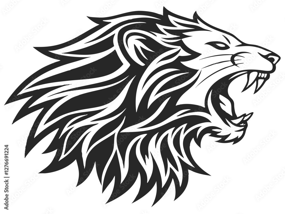 lion head, roaring, fierce, tribal style, black and white illustration, stylized mane, sharp teeth, profile view, aggressive expression, graphic design, tattoo art, strong lines, vector art, lion head, roaring, fierce, tribal style, black and white illustration, stylized mane, sharp teeth, profile view, aggressive expression, graphic design, tattoo art, strong lines, vector art,