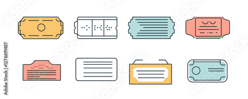 Set of eight colorful vintage tickets with varied shapes and borders. Vector