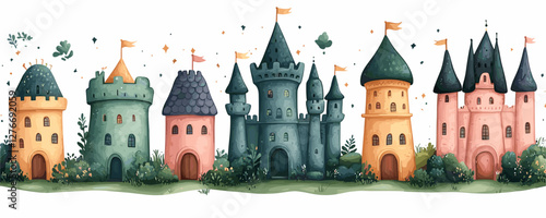 Whimsical row of colorful fantasy castles with flags and gardens. Vector