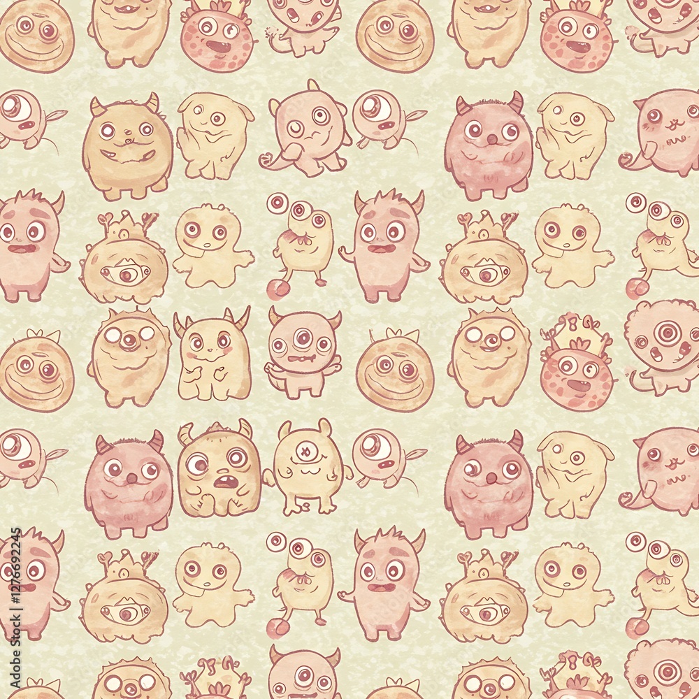 A fun array of adorable monsters in a soft, hand-drawn style fills this pattern, making it a perfect addition to graphics resources for creative and playful designs.