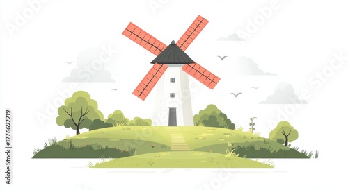 Illustration of a peaceful rural windmill in green countryside landscape photo