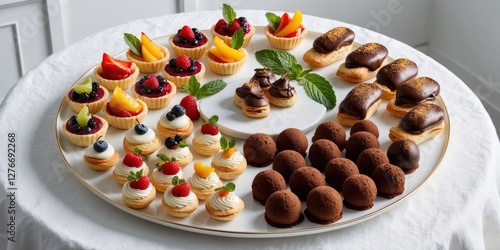 Assortment of gourmet mini fruit tarts and chocolate truffles on a catering tray