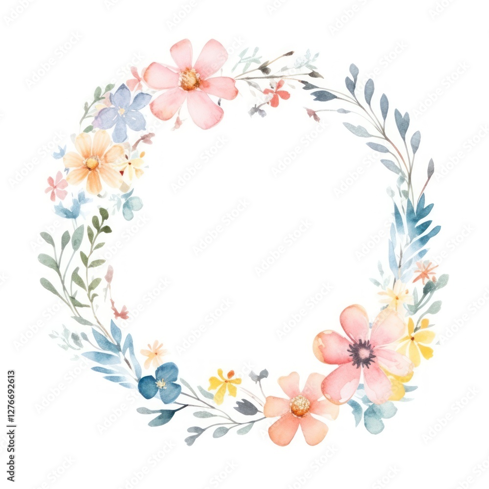 Fototapeta premium Flower circle border flowers watercolor pattern.