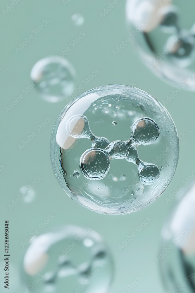 Captivating 3D Rendering of Stem Cell Division Process on Light Green Background with Floating Molecules Captivating 3D Rendering of Stem Cell Division Process on Light Green Background with Floating Molecules