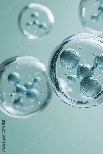 Stem Cell Division Process with Floating Air Bubbles on Light Green Packaging