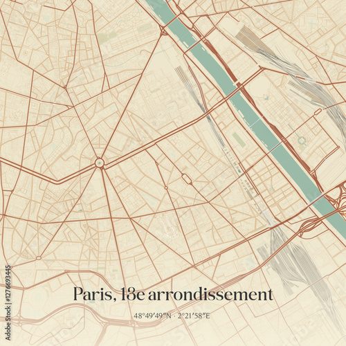 Vintage map of Paris, 13e arrondissement, France.