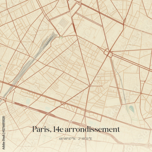 Vintage map of Paris, 14e arrondissement, France.