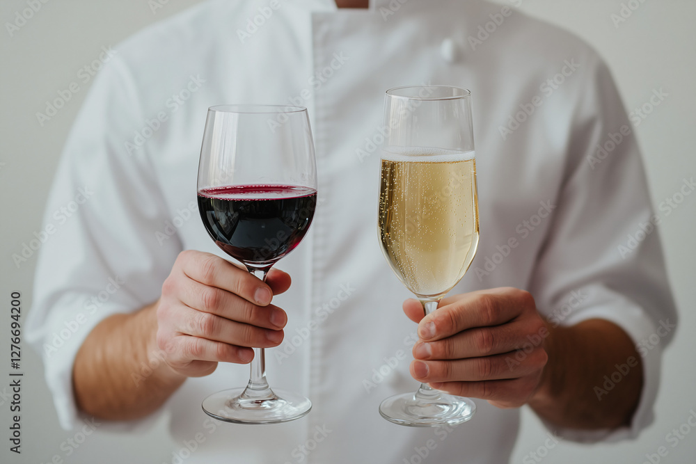 Wine Tasting Selection: A person elegantly presents two glasses of wine, one red and one white, the image emphasizing the richness of the liquid, with a soft and elegant lighting. Wine Tasting Selection: A person elegantly presents two glasses of wine, one red and one white, the image emphasizing the richness of the liquid, with a soft and elegant lighting.