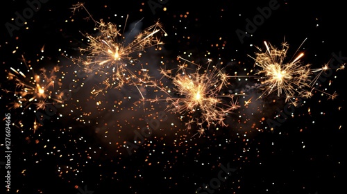 A vivid explosion of golden fireworks lights up the dark night sky, scattering glowing embers and streaks of bright light across a dramatic backdrop photo