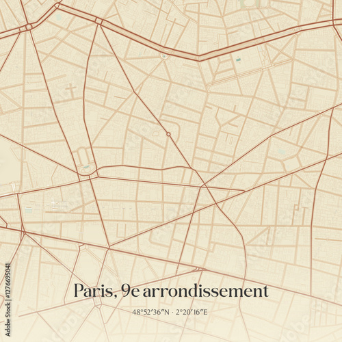 Vintage map of Paris, 9e arrondissement, France.