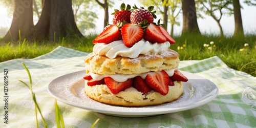 Fresh homemade strawberry shortcake stacked with cream and berries