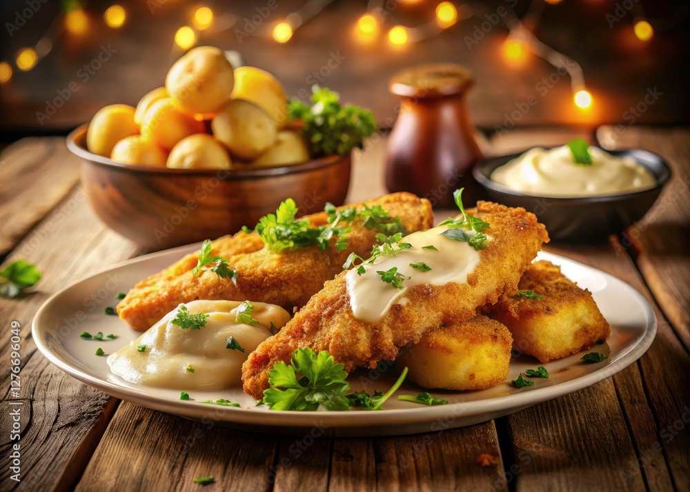 Tilt-shift transforms crispy fried perch and creamy potatoes into a charming miniature feast. Tilt-shift transforms crispy fried perch and creamy potatoes into a charming miniature feast.