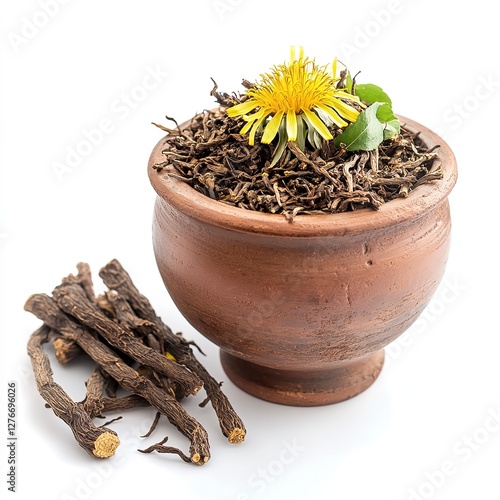  Dandelion Root Infusion: A Rustic Bowl Filled with Dandelion Root Tea, Accompanied by Dried Dandelion Root and a Fresh Dandelion Flower on a White Background - A Natural and Herbal Still Life