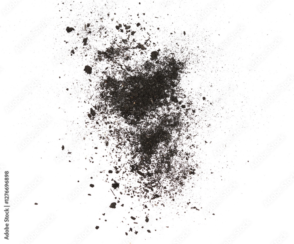Fototapeta premium Black charcoal dust isolated on white background and texture, top view