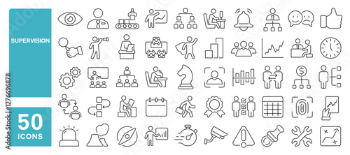 Set of 50 line icons related to supervision, supervisor, manager, workflow, process, review, quality, control, vision, progress, management, inspection, Editable stroke. Vector illustration