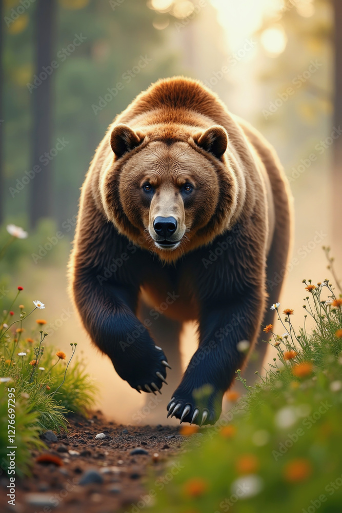Powerful brown bear walking along a forest path, space for text